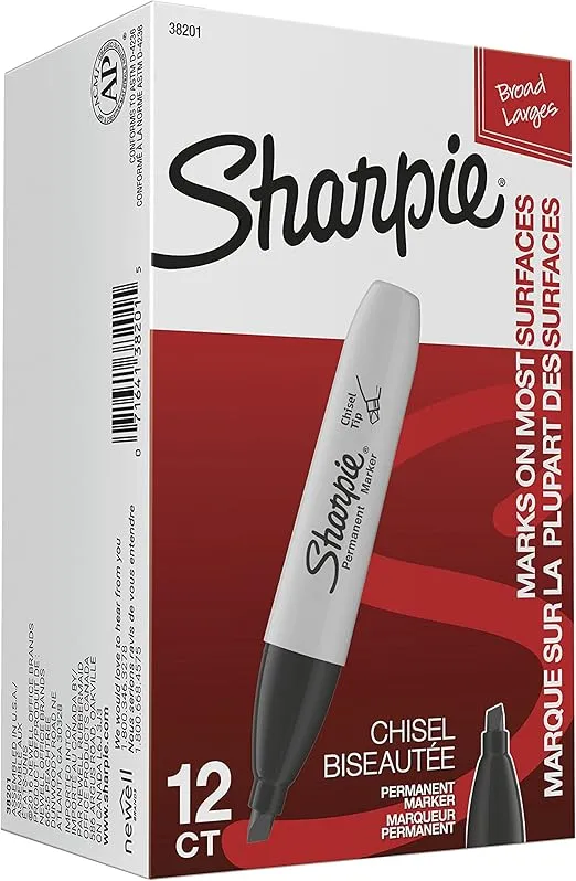 Sharpie Permanent Markers, Chisel Tip Marker Set, Poster Markers, Markers For Wood, Plastic, And More, Black, 12 Count