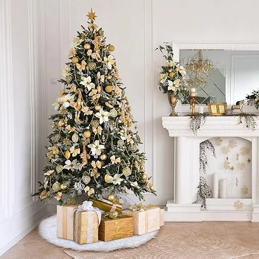 Christmas Tree Skirt, 48 Inch White Soft Faux Fur Tree Skirts Plush Christmas Decorations, Holiday Tree Ornaments Tree Decoration for Christmas Home Decorations, Xmas Party Holiday Decorations