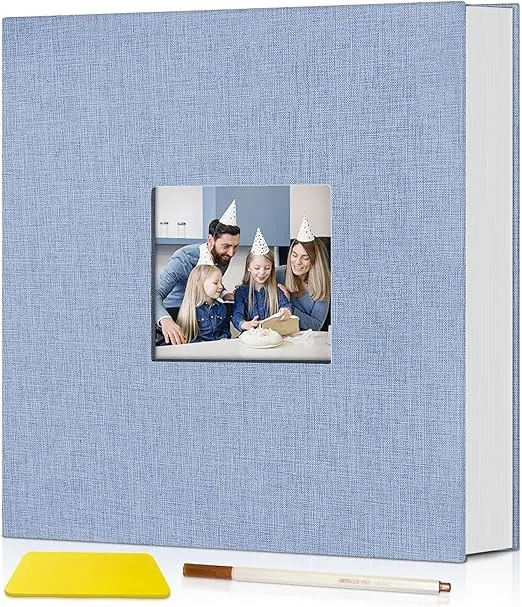 Popotop Photo Album Self Adhesive with Picture Display Window,40 Pages DIY Scrapbook Album for 4x6 10x12 Picture,Linen Cover Memory Book for Baby Wedding, with Scraper and Metallic Pen