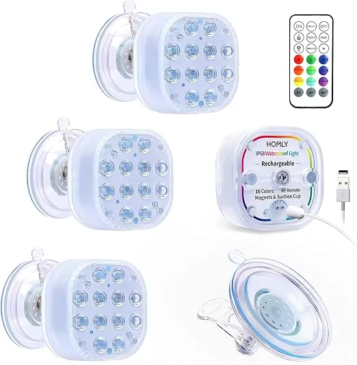 Homly Rechargeable LED Pool Lights for Inground Pool, Above Ground Pool Lights Waterproof Pool Underwater Lights Submersible Led Lights with 16 Colors, Remote, Huge Suction Cup, Magnetic, 4-Pack