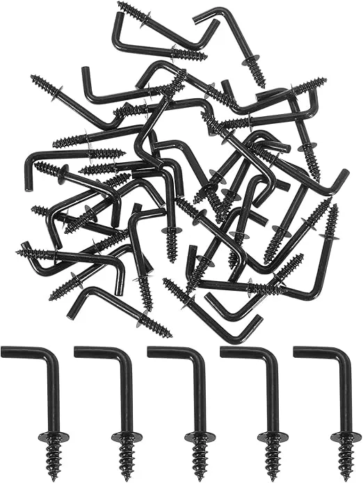 uxcell 50 Pcs L Shape Hooks, 5/8 Inch Right Angle Hooks Carbon Steel Small Screw in Hooks 7 Shape Right Angle Hook for Hanging, Black