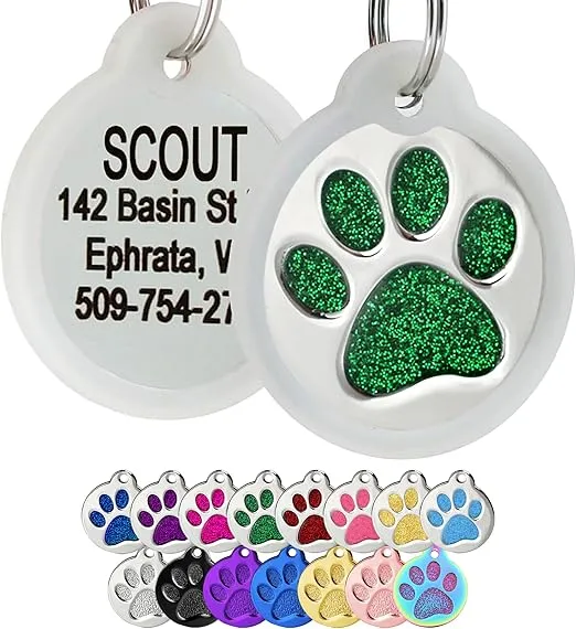 GoTags Paw Print Round Stainless Steel Pet Tag for Dogs and Cats, Personalized with 4 Lines of Custom Engraved ID with Silencer, in Stainless Steel and 15 Colors Small and Large, Glitter Green