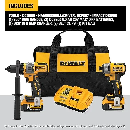 DEWALT FLEXVOLT ADVANTAGE 20V MAX* Combo Kit with Hammer Drill & Impact Driver, 5.0-Ah, 2-Tool (DCK2100P2)
