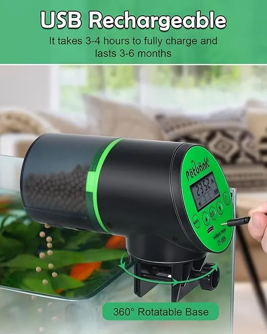 Automatic Fish Feeder - Rechargeable Timer Fish Feeder with USB Charger Cable, Fish Food Dispenser for Aquariums or Fish Tank