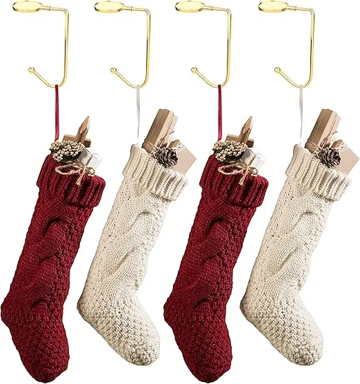 Komotu Christmas Stocking Holder for Mantle - 4 Pack Non-Slip Stocking Mantel Holders Hooks Hanger for Christmas Xmas Fireplace and Party Decoration (Gold)