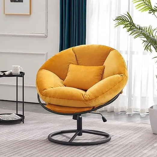 MCombo Swivel Papasan Chairs, Velvet Armless Chair with Height Adjustment, Rocking Saucer Chair for Living Room Bedroom HQ405 (Yellow)