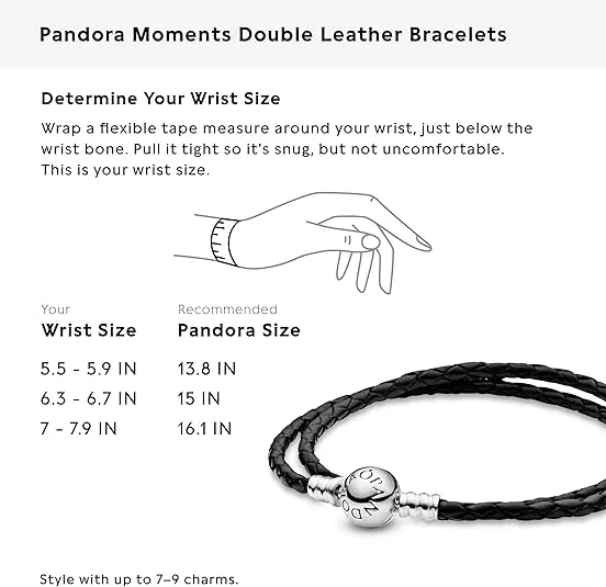 PANDORA Jewelry Black Leather Charm Sterling Silver Bracelet