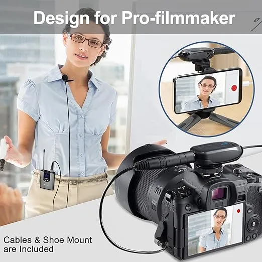 Alvoxcon UHF Dual Channel Wireless Lavalier Microphone System with Volume Control for iPhone, DSLR, PA Speaker, YouTube, Podcast, Video Recording, Conference, Vlogging, Church, Interview, Teaching