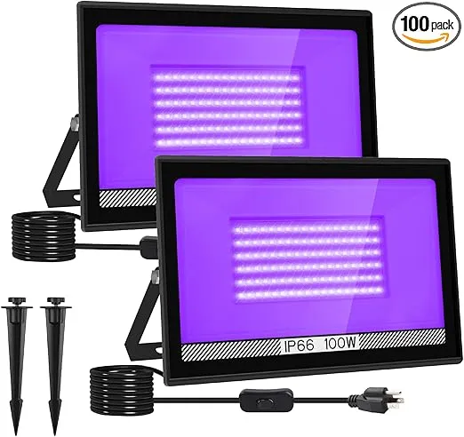100W Black Lights, 2 Pack LED Blacklight Flood Light with Plug, IP66 Waterproof Black Lights for Glow Party, Glow in The Dark, Stage Lighting, Body Paint, Fluorescent Poster, Neon Glow