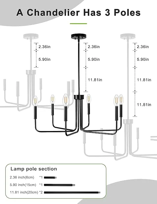 L LOHAS LED Black Chandeliers, 6-Light Black Farmhouse Chandeliers for Dining Room Light Fixture Adjustable Height, Rustic Industrial Modern Chandeliers for Living Room, Bedroom and Foyer, 28in