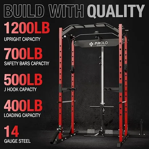 Mikolo Power Cage, Power Rack with LAT Pulldown, 1200 Pounds Capacity Workout Cage with More Training Attachments, Squat Rack for Home Gym, F4 Versions