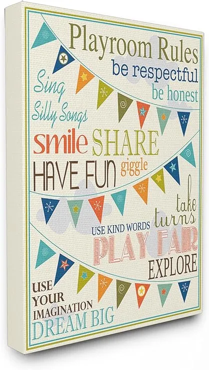 Stupell Industries Playroom Rules with Pennants in Blue Wall Art, 24 x 30, Gallery Wrapped Canvas