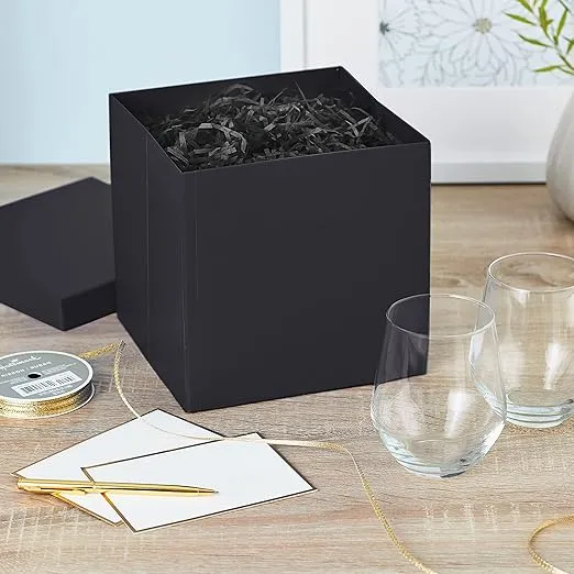 Hallmark Medium Gift Box with Lid and Shredded Paper Fill (Black 7 inch Box) for Weddings, Graduations, Birthdays, Father's Day, Groomsmen Gifts, All Occasion