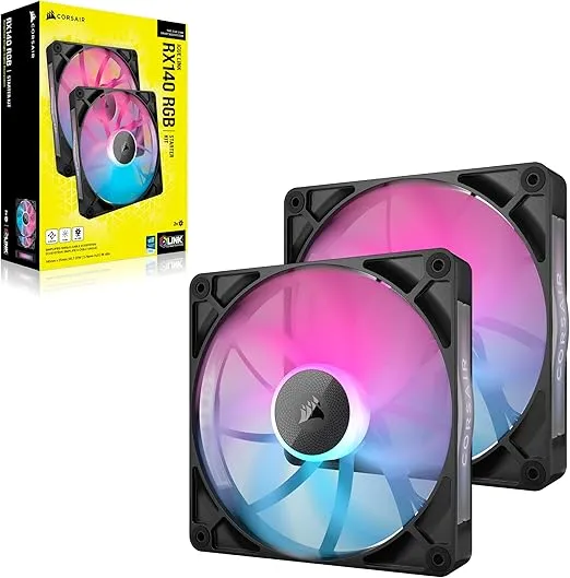 CORSAIR iCUE Link RX140 RGB 140mm PWM Fans with iCUE Link System Hub - Magnetic Dome Bearing - Dual Pack - Black