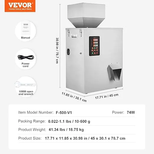 VEVOR Powder Filling Machine 0.022-1.1lbs/10-500g, Automatic Intelligent Particle Weighing Filling Machine, Powder Filler Particle Dispenser for Tea Seeds Grains Powder Flour Beans Glitter Candy