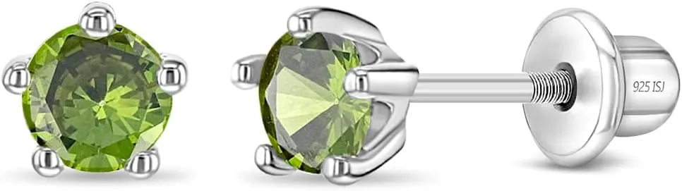 925 Sterling Silver Hypoallergenic 4mm Solitaire Simulated Birthstone Earrings for Girls - Round Simulated Birthstone Kids Earrings Cubic Zirconia for Toddlers - CZ Safety Back Earrings