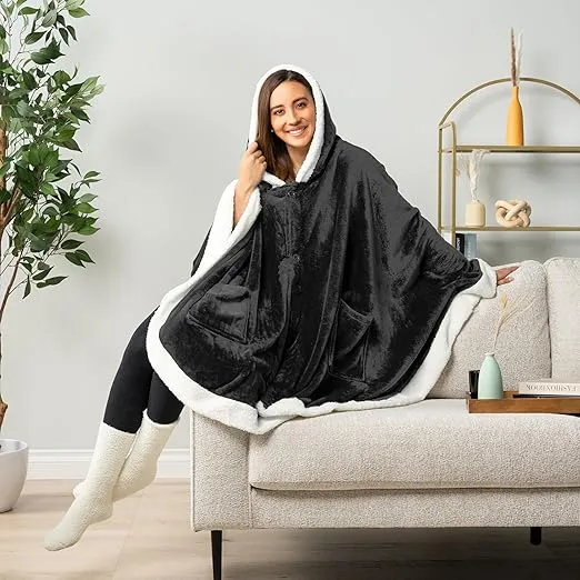 PAVILIA Wearable Blanket for Adult Women, Cozy Plush Fleece Blanket Poncho Cape with Hood, Super Soft Shawl, Angel Wrap Throw for Office, Black