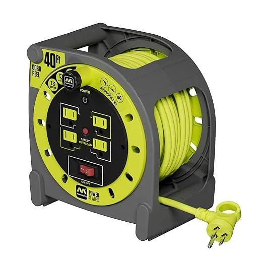 40ft Case Cord Reel, Retractable Extension Lead with Winding Handle, Safety Overload Circuit Breaker and Power Switch, 4x Grounded Outlets, 13amps, 14AWG Cable
