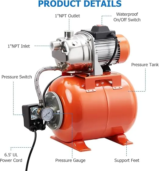 1.6HP Shallow Well Pump With Pressure Tank, 977 GPH Stainless Steel Shallow Well Jet Pump, 115V Water Pump With Automatic Pressure Switch, Water Transfer Pumpfor Garden, Pool, Well, Irrigation