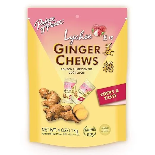 Prince of Peace Ginger Chews with Lychee, 4 oz. – Candied Ginger – Lychee Flavored Candy – Lychee Ginger Chews