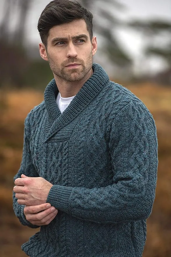 Aran Crafts Men's Soft Irish Cable Knit Shawl Collar Sweater (100% Merino Wool)