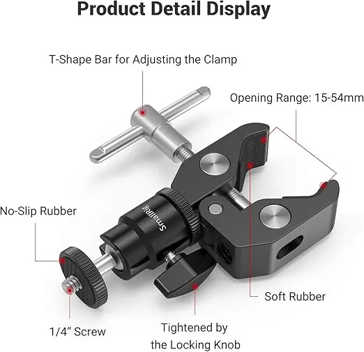 SmallRig Super Clamp Mount with Mini Ball Head Mount, Hot Shoe Adapter with 1/4 Screw for LCD Field Monitor, LED Lights, Flash, Microphone, for Gopro, for DJI Action 2, for Insta360-1124