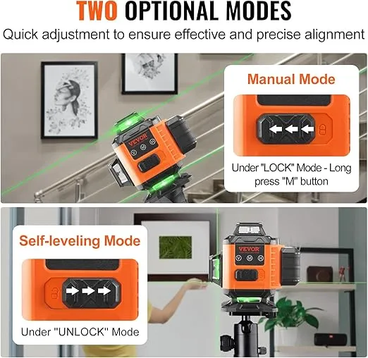 VEVOR Laser Level, 100ft, Self Leveling Manual Green 3 x 360° Cross 16 Line Laser, IP54 Waterproof Remote Control Manual Self-leveling Mode & 5h Continuous Working Time Line Laser, Battery Include