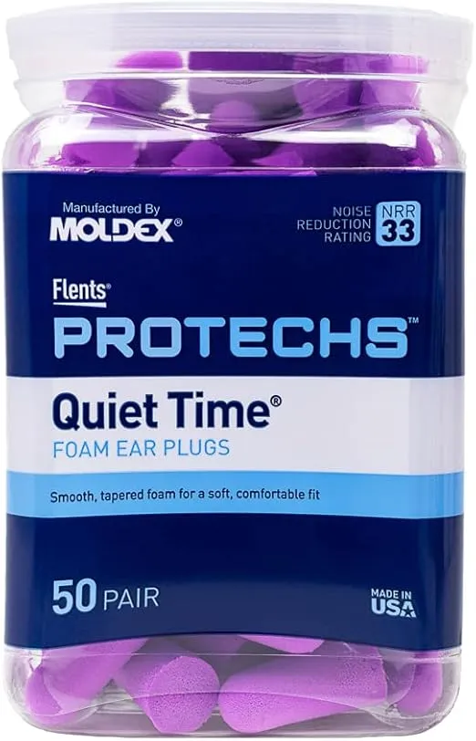 Flents Foam Ear Plugs, 50 Pair for Sleeping, Snoring, Loud Noise, Traveling, Concerts, Construction, & Studying, NRR 33, Purple, Made in the USA