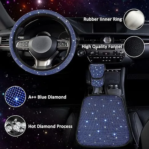Tzarrot Blue Bling Car Accessories Set for Women, Bling Steering Wheel Cover for Women Universal Fit 15 Inch, Rhinestone Center Console Cover, Bling Gear Shift Cover, Crystal Car Decor Set 3pc