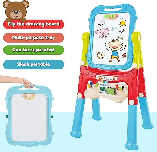 Easel for Kids,Rotatable Double Sided Adjustable Standing Art Easel with Painting Accessories for Toddlers Boys and Girls-Blue
