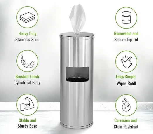 Alpine Stainless Steel Disinfecting Wipes Dispenser Floor Stand - Large Capacity Gym Wipes Dispenser with Trash Can, Smudge Resistant Coating Sanitizing Stand - Disinfectant Wipes Container Included