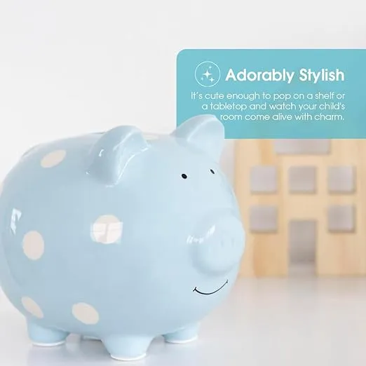 Pearhead Large Ceramic Piggy Bank, Ideal for Boys and Girls, Kids Money and Coin Bank, Perfect Baby Boy Nursery Décor, Great Gift and Newborn Keepsake, Blue Polka Dots