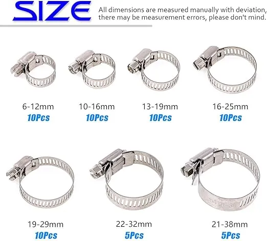 Swpeet 60Pcs Assorted Sizes Hose Clamps Kit, 304 Stainless Steel Adjustable 6-38mm Range Worm Gear Hose Clamp Perfect for Plumbing, Automotive And Mechanical Applications