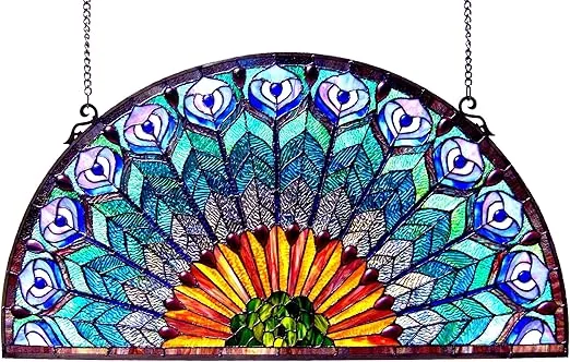Chloe Lighting Regal Eudora Tiffany-Style Peacock Feather Glass Window Panel 35X18