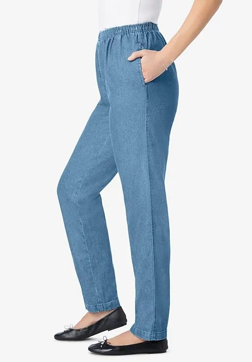 Woman Within Plus Size 7-Day Straight-Leg Elastic-Waist Denim Jean (Petite & Tall Available) - 26 W, Light Stonewash