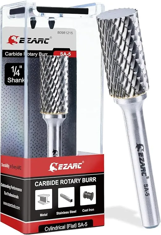 EZARC Tungsten Carbide Rotary Burr Bit, SA-5 Double Cut Carbide Burr 1/4" Shank Die Grinder Cutting Burrs Bit for Metal Working & Sturdy Storage Case