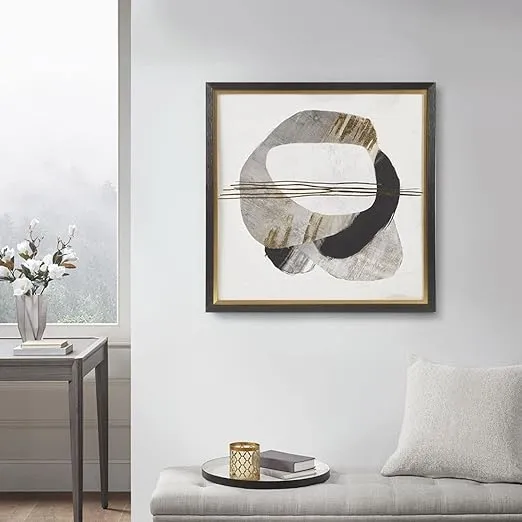 Madison Park Auric Beam Abstract Wall Art - Gold Foil Print Embellished Texture White Canvas - Modern Décor For Living Room, Framed Ready to Hang Bathroom Pictures, 29.5 x 29.5, Grey/Black