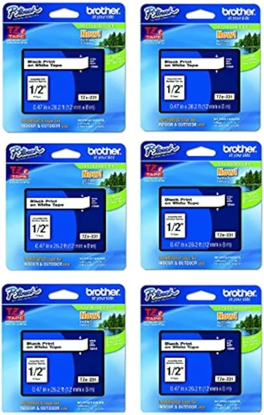 Brother Genuine TZe-231 1/2" Black on White Standard Laminated Tape for P-Touch Labeler, 6 Pack