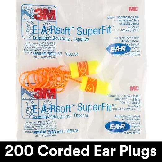 3M Ear Plugs, 200/Box, E-A-Rsoft SuperFit 311-1254, Corded, Disposable, Foam, NRR 33, Drilling, Grinding, Machining, Sawing, Sanding, Welding, 1/Poly Bag