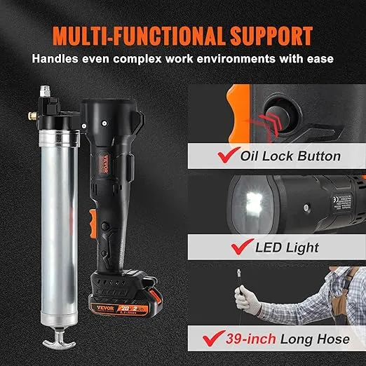 VEVOR Cordless Grease Gun, 20-Volt, 10,000 PSI, 39" Long Hose, Electric Grease Gun Kit Professional High Pressure Battery Powered Grease Gun with Carrying Case, Battery and Charger Included, Black