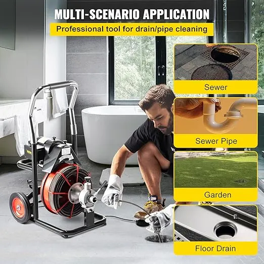 VEVOR 100FT x 3/8 Inch Drain Cleaning Machine 370W Sewer Snake Auger Cleaner with 4 Cutters & Air-Activated Foot Switch for 1" to 4" Pipes, Black, Red