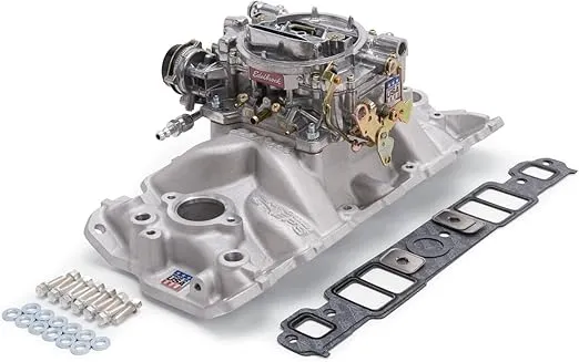 Edelbrock 2021 Single-Quad Manifold And Carb Kit For Performer EPS Manifold w/Performer Series 600cfm Carb Incl. Carb/Fuel Line/Intake Bolts/Gaskets Satin Finish Single-Quad Manifold And Carb Kit