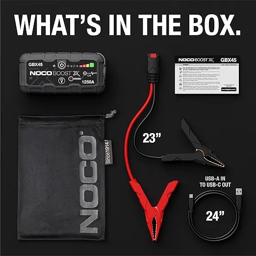 NOCO Boost X GBX45 1250A 12V UltraSafe Portable Lithium Jump Starter, Car Battery Booster Pack, USB-C Powerbank Charger, and Jumper Cables for up to 6.5-Liter Gas and 4.0-Liter Diesel Engines