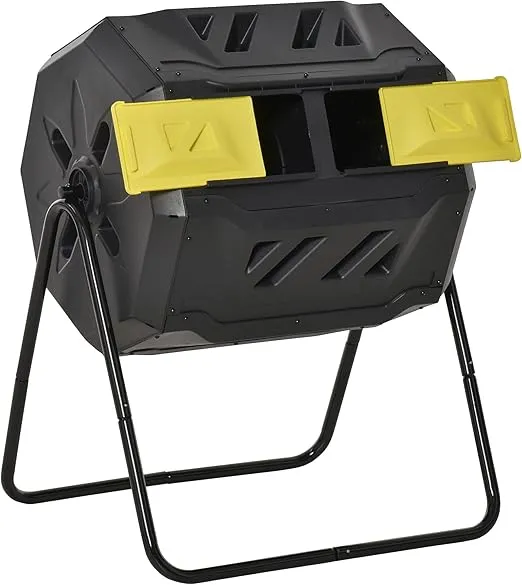 Outsunny Tumbling Compost Bin Outdoor 360° Dual Chamber Rotating Composter 43 Gallon, Yellow