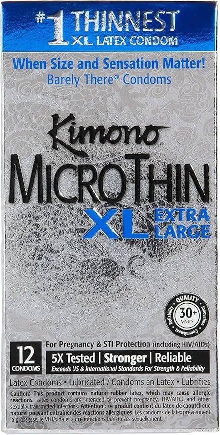 Kimono MicroThin XL, Ultra-Thin Lubricated Condoms, Natural Latex Condoms, Vegan-Friendly, No Latex Odor, Extra Thin, Widest-Base Condoms - Enhanced Sensitivity - Pack of 12