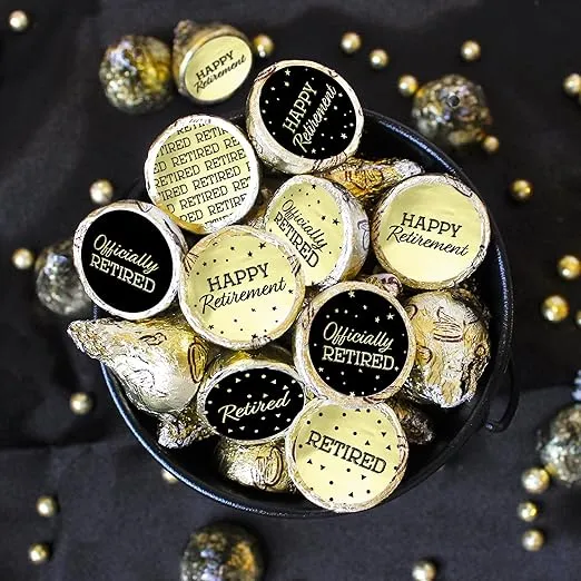 Black and Gold Retirement Party Favor Chocolate Kisses Candy Stickers, Shiny Gold Retirement Party Favors for Guests - 180 Count