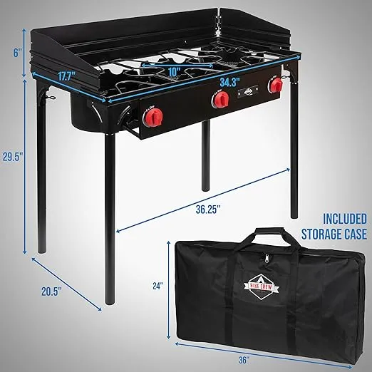 Hike Crew Cast Iron 3-Burner Outdoor Gas Stove | 225,000 BTU Portable Propane Cooktop w/Blue Flame Control, Removable Legs, Temperature Control Knobs, Wind Panel, Hose, Regulator & Storage Carry Case