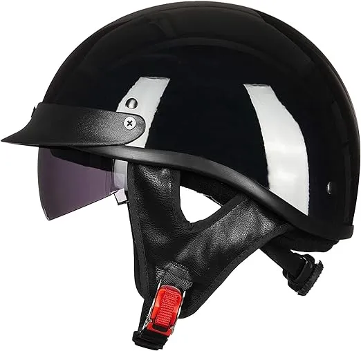 ILM Half Helmet Motorcycle Open Face Sun Visor Quick Release Buckle DOT Approved Cycling Motocross Suits Men Women Model-205V (S, Gloss Black)