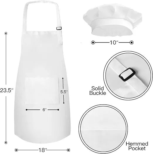 Novelty Place Kids Aprons with Chef Hat Set (3 Set) - Skin-friendly Children’s Bib with Pocket - Cooking, Baking, Painting, Training Wear - Kid's Size (6-12 Year, White)