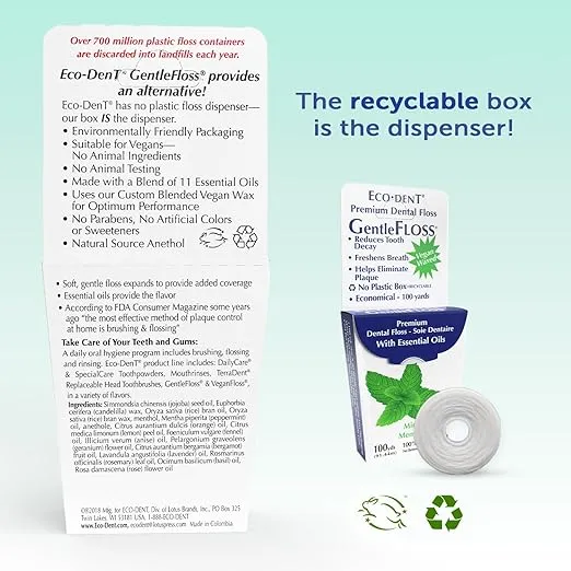 Eco-Dent GentleFloss Dental Floss, Waxed, Mint - Floss with Vegan Plant-Based Wax, Recyclable Cardboard Packaging, 100 Yds + DailyRinse Single-Use Pack